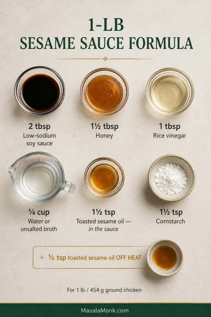 One-pound sesame sauce formula with 2 tablespoons low-sodium soy sauce, 1½ tablespoons honey, 1 tablespoon rice vinegar, ¼ cup water or broth, 1½ teaspoons toasted sesame oil and 1½ teaspoons cornstarch, plus ½ teaspoon sesame oil added off heat.
