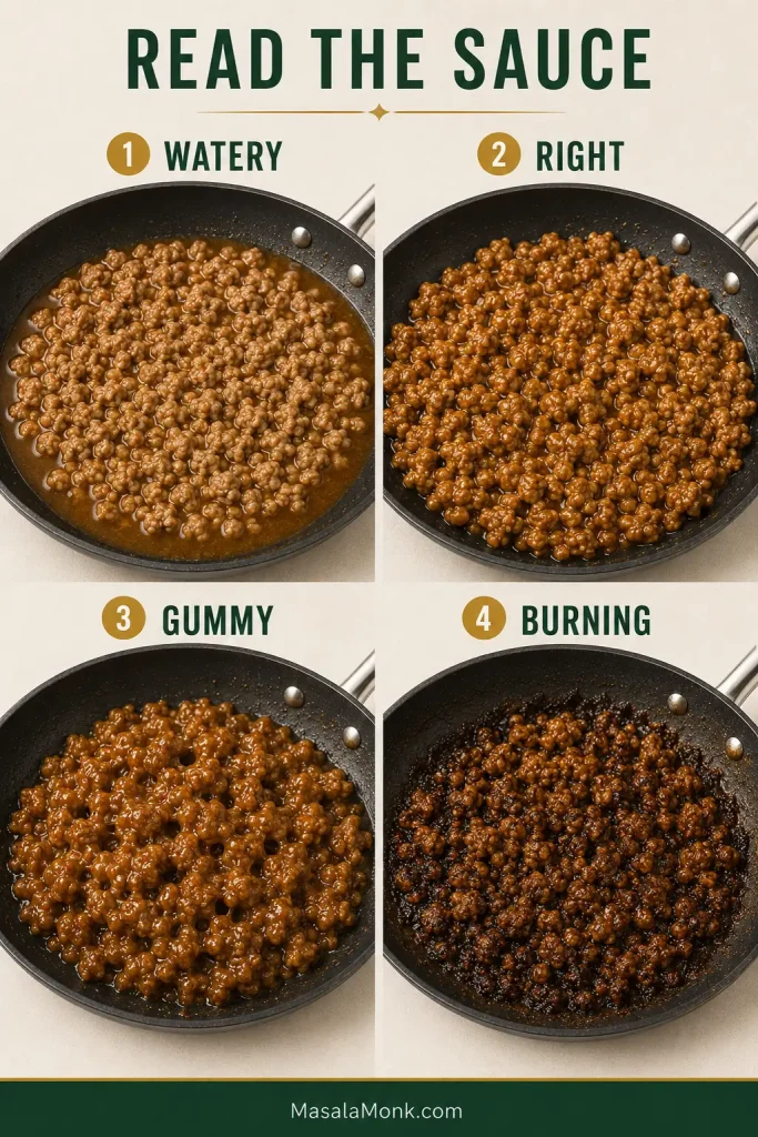 Four sesame ground chicken sauce states: watery with sauce pooling underneath, right with a thin coating and little pooling, gummy with an overly thick coating, and burning with dark over-reduced residue around the skillet.