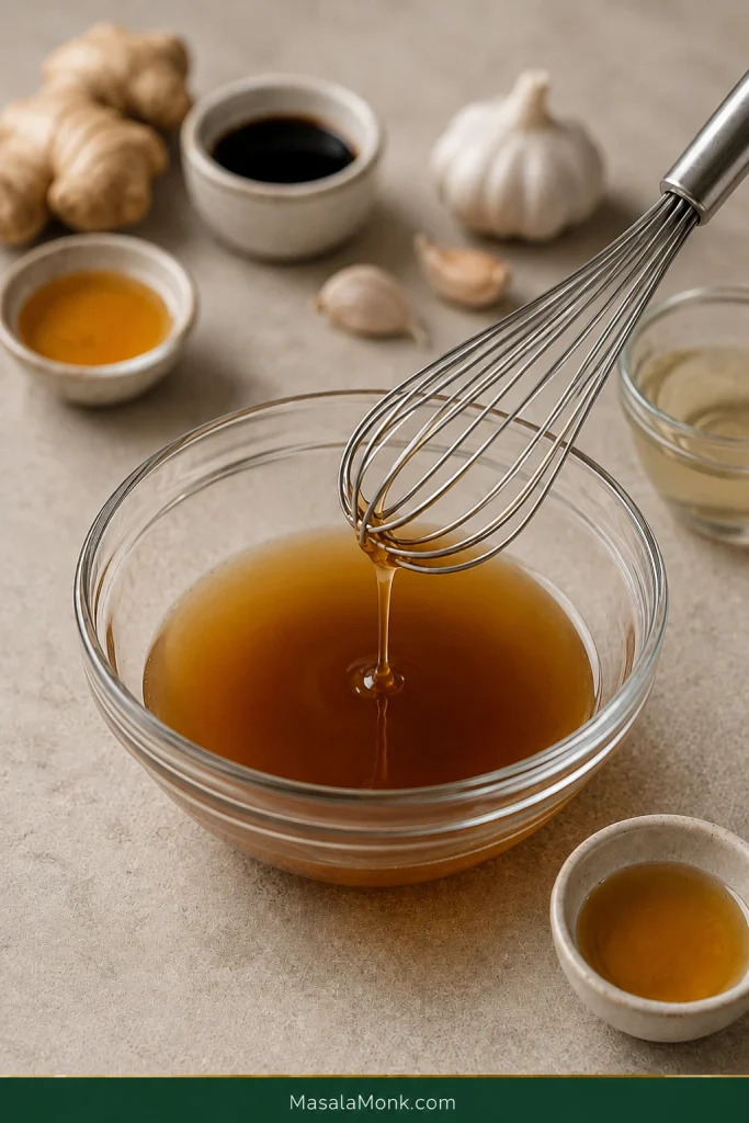 Thin amber-brown sesame sauce being whisked in a clear glass bowl beside ginger, garlic and small dishes of sauce ingredients.