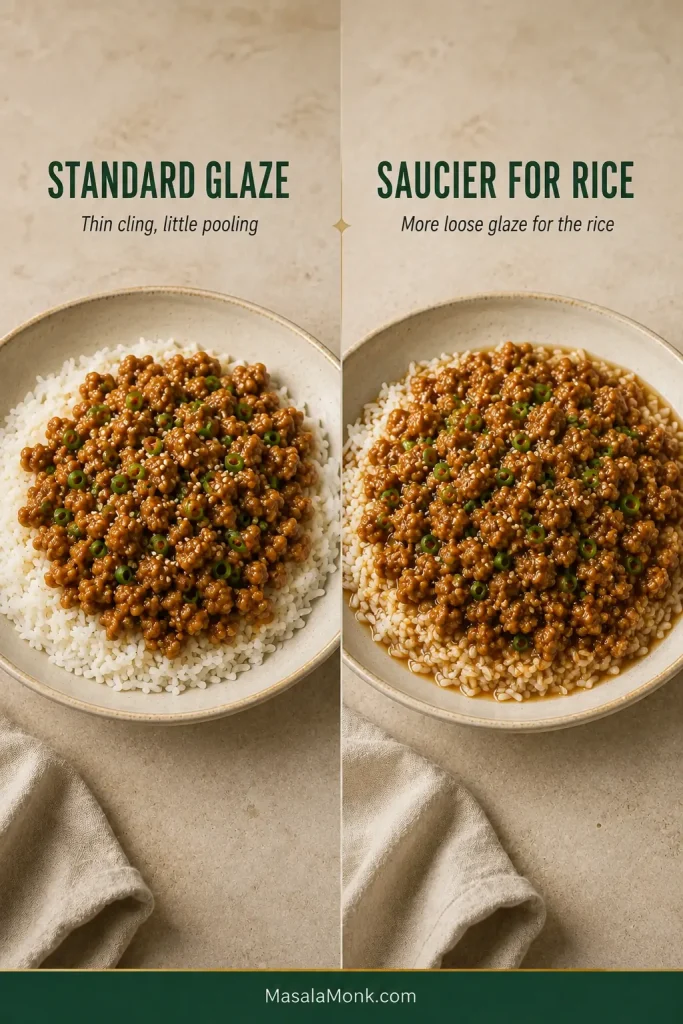 Two sesame ground chicken rice bowls compared side by side: standard glaze with little pooling and a saucier version with more loose glaze reaching the rice.