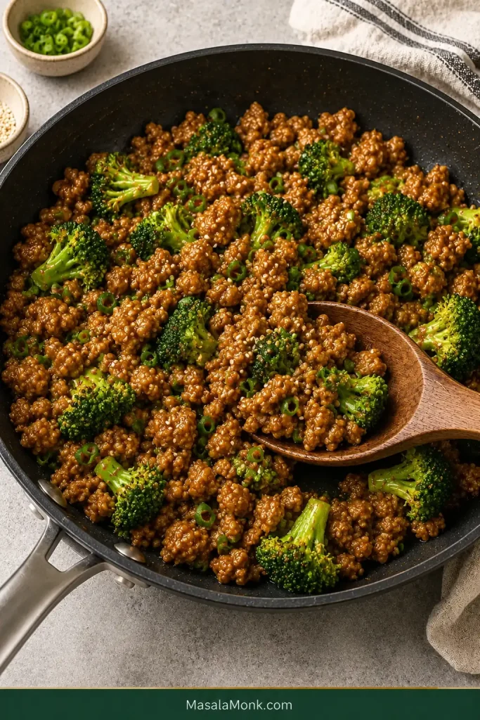 Skillet of glossy sesame ground chicken mixed with bright green broccoli florets, with a wooden serving spoon lifting a portion.