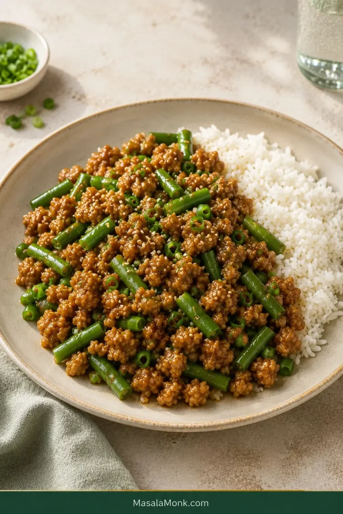Sesame ground chicken mixed with bright crisp-tender green beans and served beside fluffy white rice.