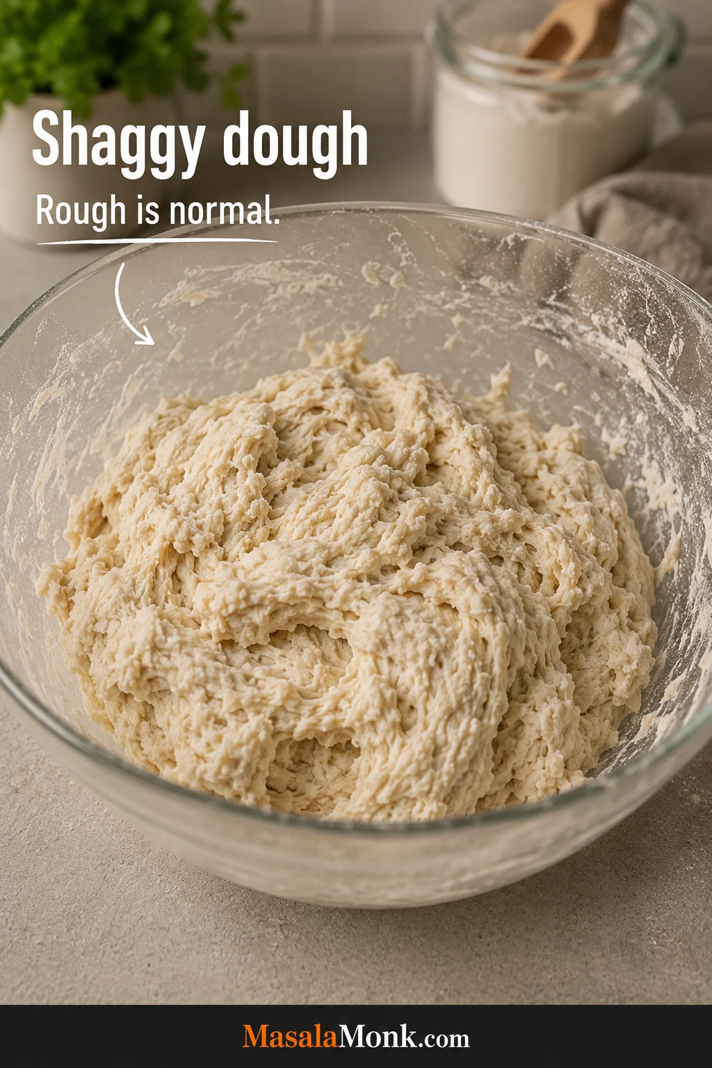 Rough shaggy pizza dough gathered in a bowl with an uneven surface and no large patches of dry flour.