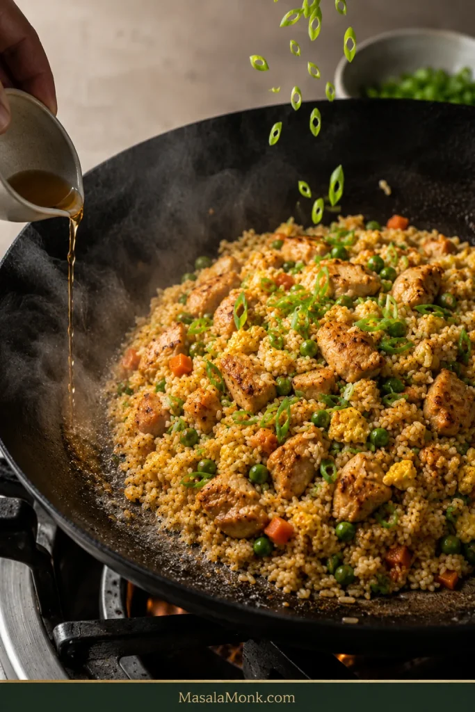 Finished chicken fried rice with scallion greens as a small amount of amber Shaoxing wine is poured onto an exposed hot edge of the skillet.