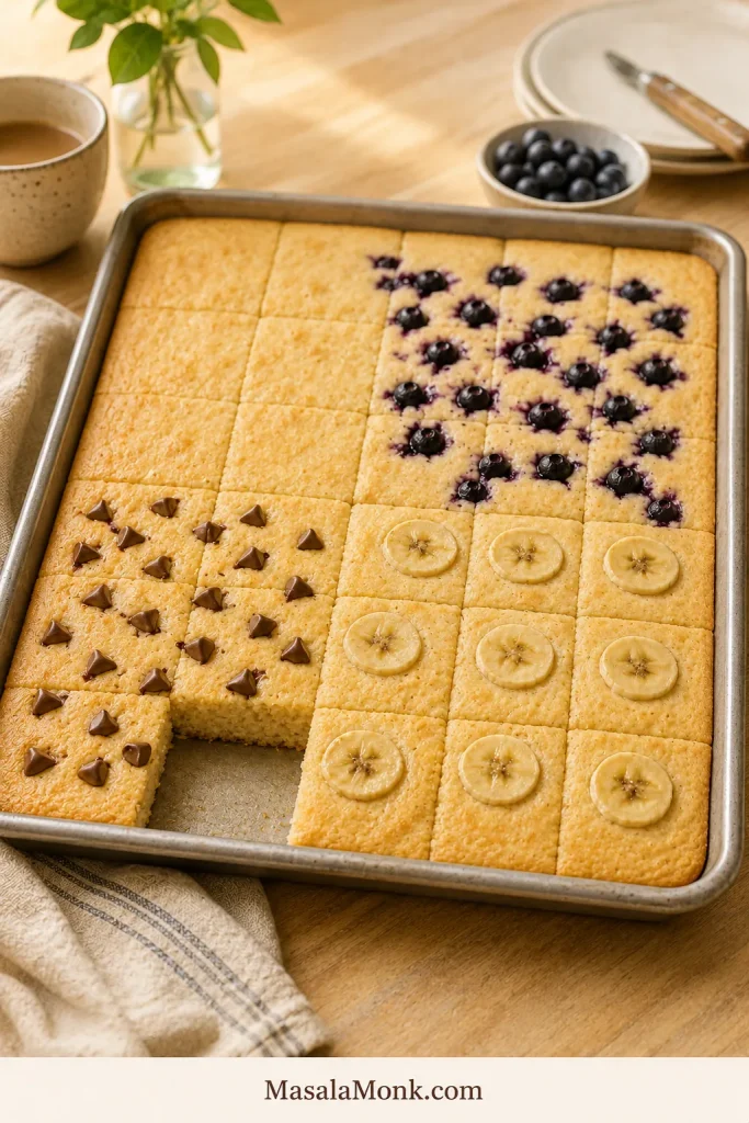 Finished shallow sheet pan pancake cut into squares with distinct plain, blueberry, chocolate chip and banana sections.