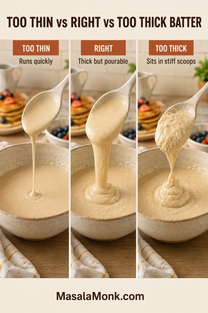 Three batter consistencies shown with the same spatula test: thin batter running quickly, correct batter falling in a broad ribbon, and thick batter dropping in a stiff mound.