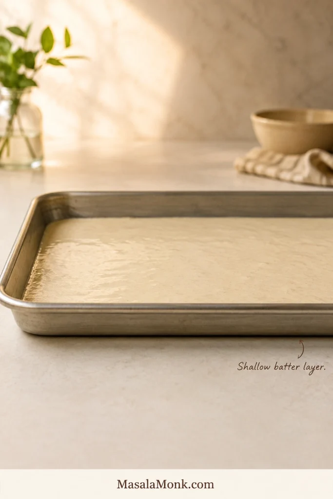 Low side view of pale pancake batter spread in a rimmed half-sheet pan, leaving substantial empty rim height above the shallow batter layer.