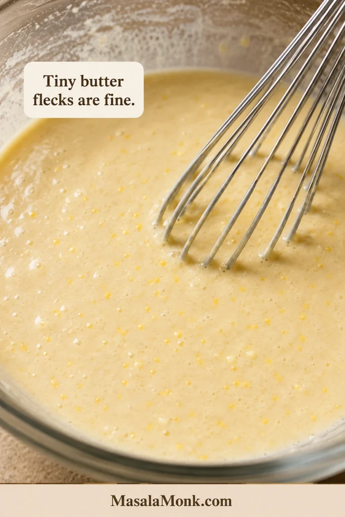 Close-up of pale pancake wet mixture in a glass bowl with a whisk and many tiny flecks of butter suspended throughout.