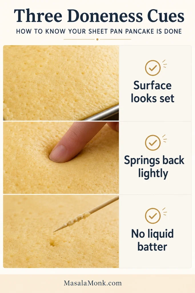 Three sheet-pan pancake doneness checks showing a set center surface, a fingertip pressing the middle and a toothpick with moist crumbs but no wet batter.