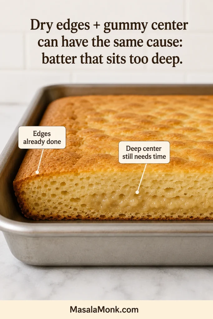 Cross-section of an overly deep pancake with darker, drier-looking edges and a moist, compressed, under-set band through the center.