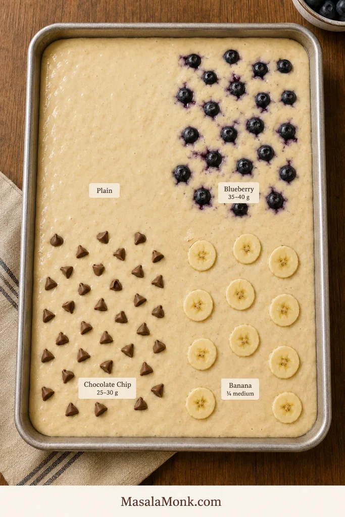 Overhead view of raw pancake batter in a rimmed sheet pan with plain, blueberry, chocolate chip and banana topping areas using modest amounts of each.