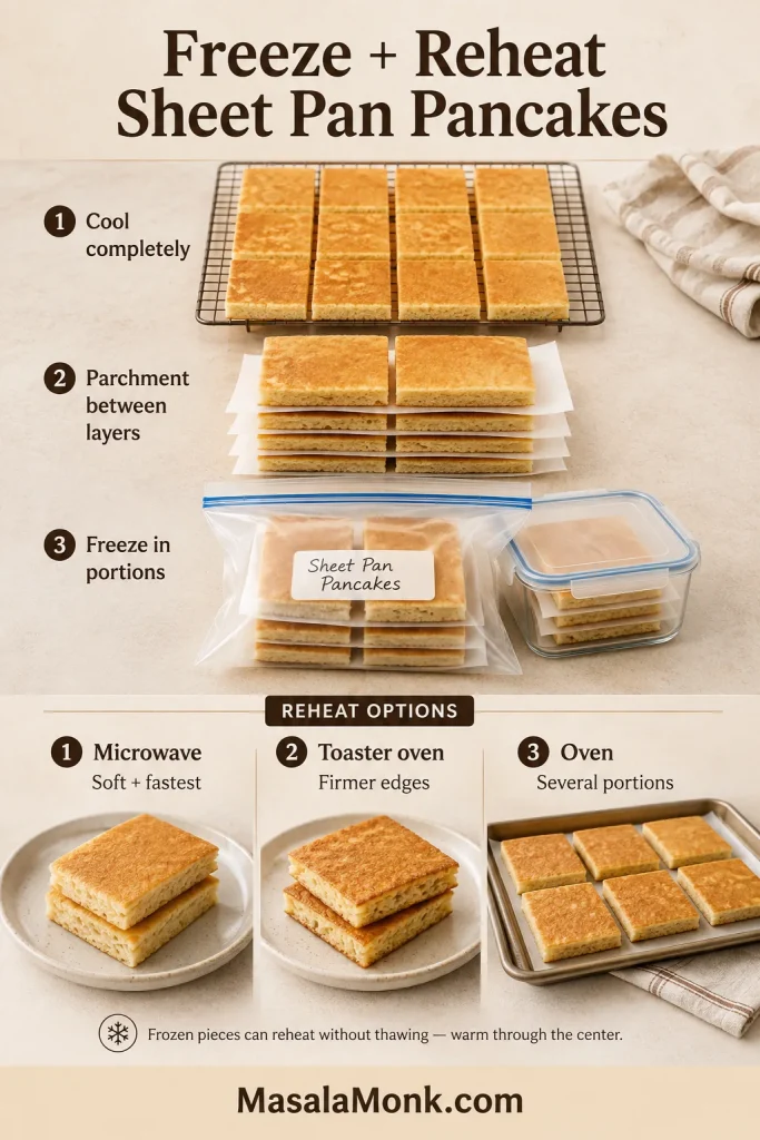 Guide showing cooled pancake squares separated with parchment for freezing, followed by microwave, toaster oven and oven reheating options.
