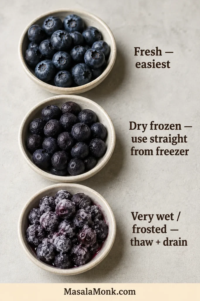 Three blueberry states showing dry fresh berries, relatively dry frozen berries with little loose frost, and heavily frosted wet berries with visible excess moisture.