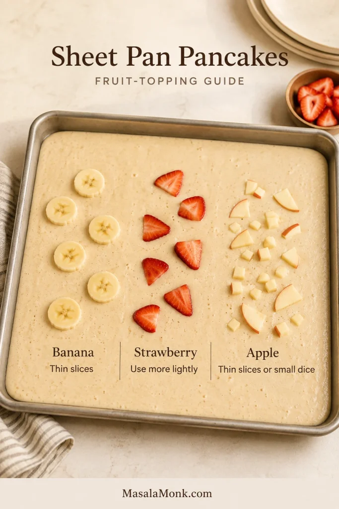Raw sheet-pan pancake batter with small demonstration areas of thin banana slices, lightly scattered strawberry slices and thin or finely diced apple pieces.