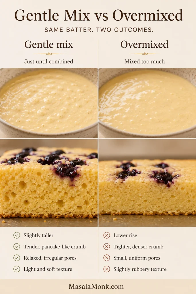 Comparison of gently mixed and overmixed pancake batter with cut baked pieces below; the overmixed piece is lower with a tighter, more compressed crumb.