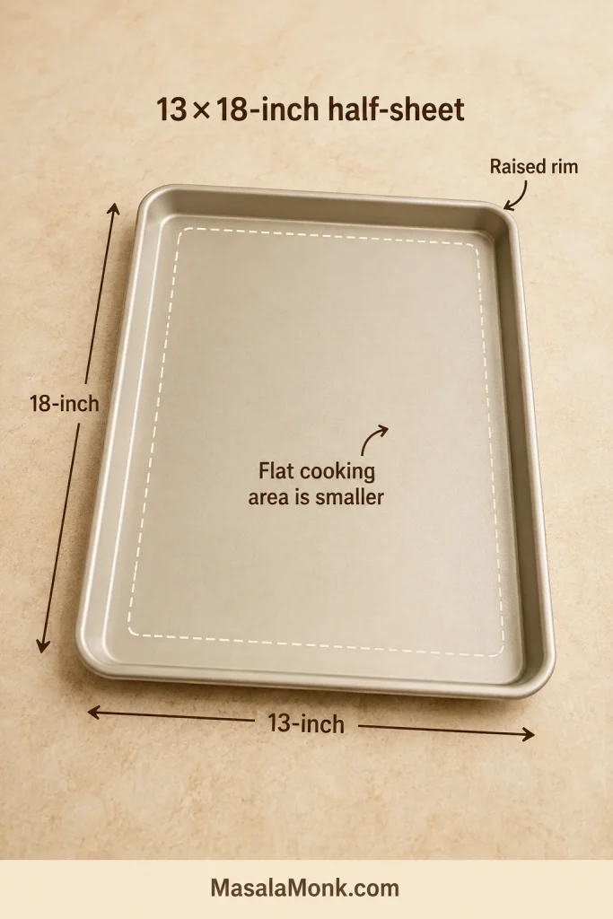 Annotated light aluminum half-sheet pan showing 13-inch and 18-inch outside dimensions, a raised rim and a dashed outline around the smaller flat cooking area.