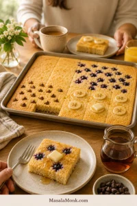 Rimmed sheet pan of shallow pancakes with plain, blueberry, chocolate chip and banana sections, with one square plated beside butter and maple syrup on a breakfast table.