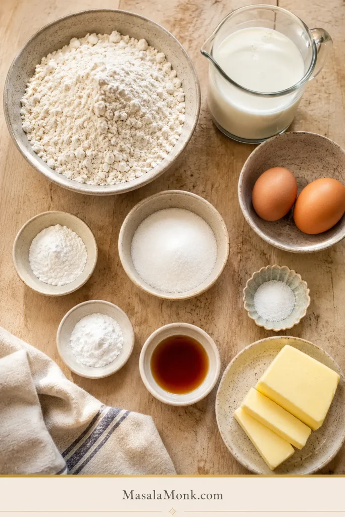 Flour, sugar, baking powder, baking soda, salt, buttermilk, eggs, butter and vanilla arranged on a light kitchen surface.
