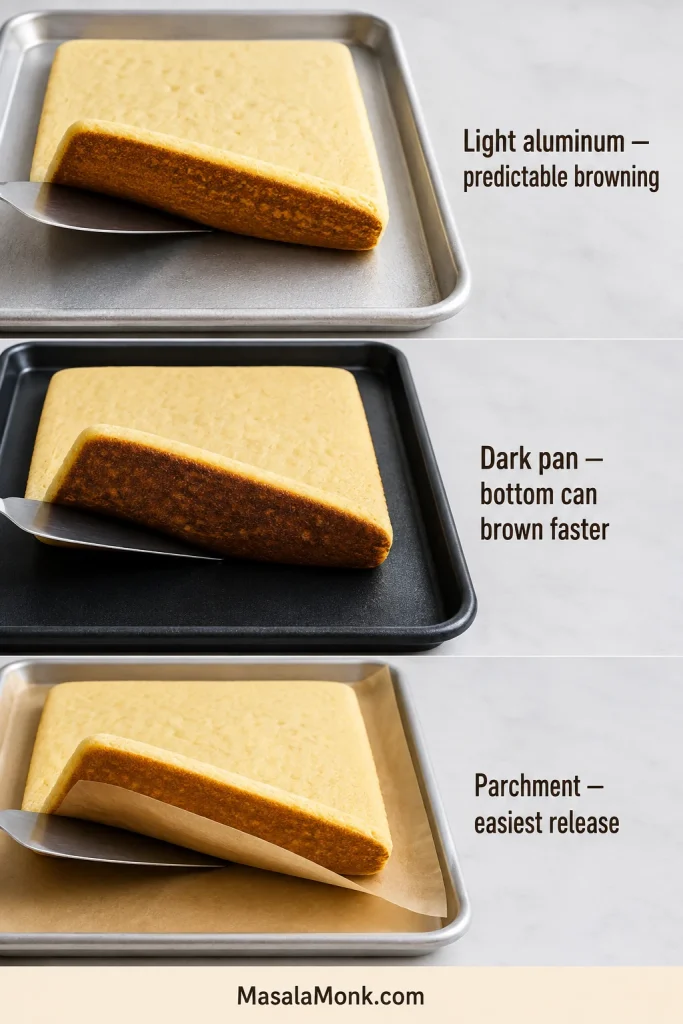 Three baking setups comparing a light aluminum pan, a dark pan with a darker pancake underside, and a parchment-lined pan with a pancake lifting cleanly.