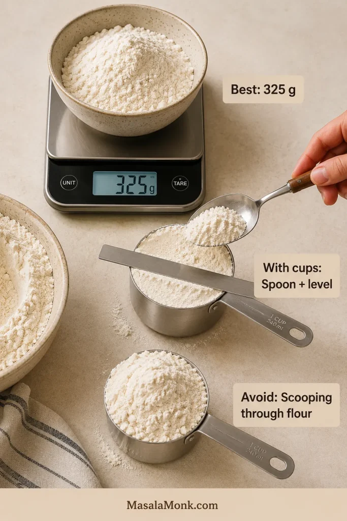 Flour measuring guide showing a kitchen scale at 325 g, a dry measuring cup filled by spooning and leveling, and a more heavily packed cup representing direct scooping.
