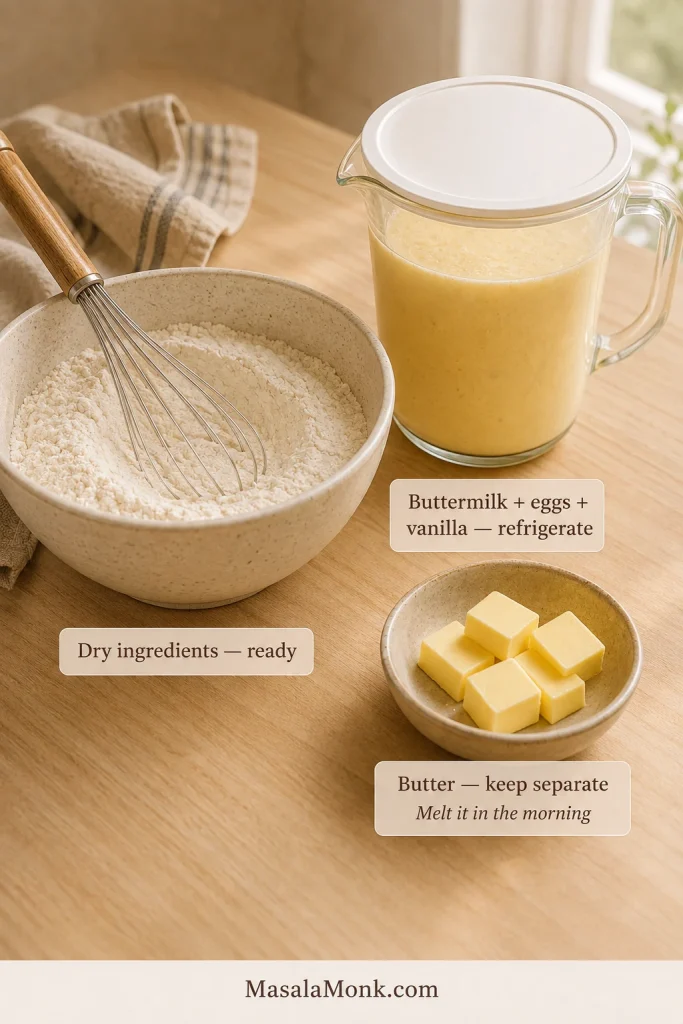 Bowl of prepared dry pancake ingredients beside a covered jug of whisked buttermilk, eggs and vanilla, with butter kept separately in a small dish.