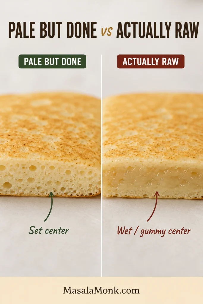 Two pale pancake pieces cut open side by side; one has a fully set tender crumb while the other has a visibly wet, dense, gummy center.