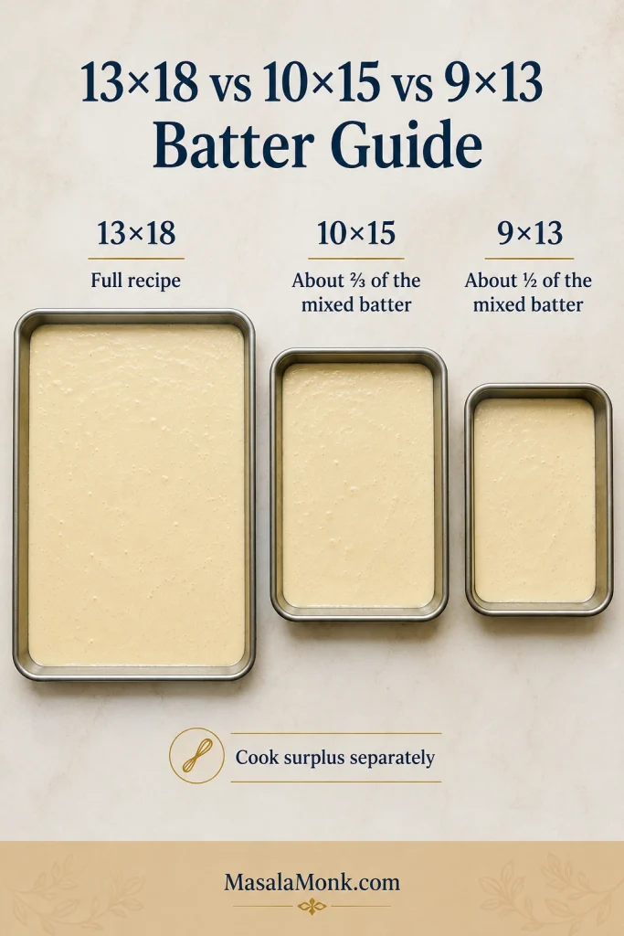 Three rimmed pans with similar shallow batter depths: a 13×18 pan with the full batch, 10×15 with about two-thirds, and 9×13 with about half.