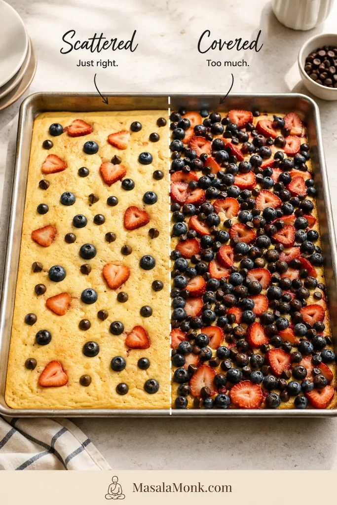 Side-by-side topping comparison showing pancake batter with a light scatter of fruit and chocolate versus batter almost completely covered with toppings.