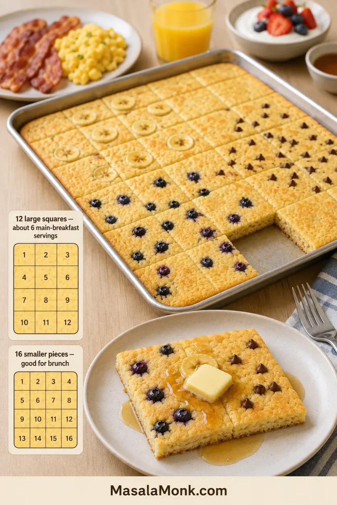 Breakfast table with a sheet pan of shallow pancakes and a plated square, plus diagrams showing a 3-by-4 cut for 12 pieces and a 4-by-4 cut for 16.