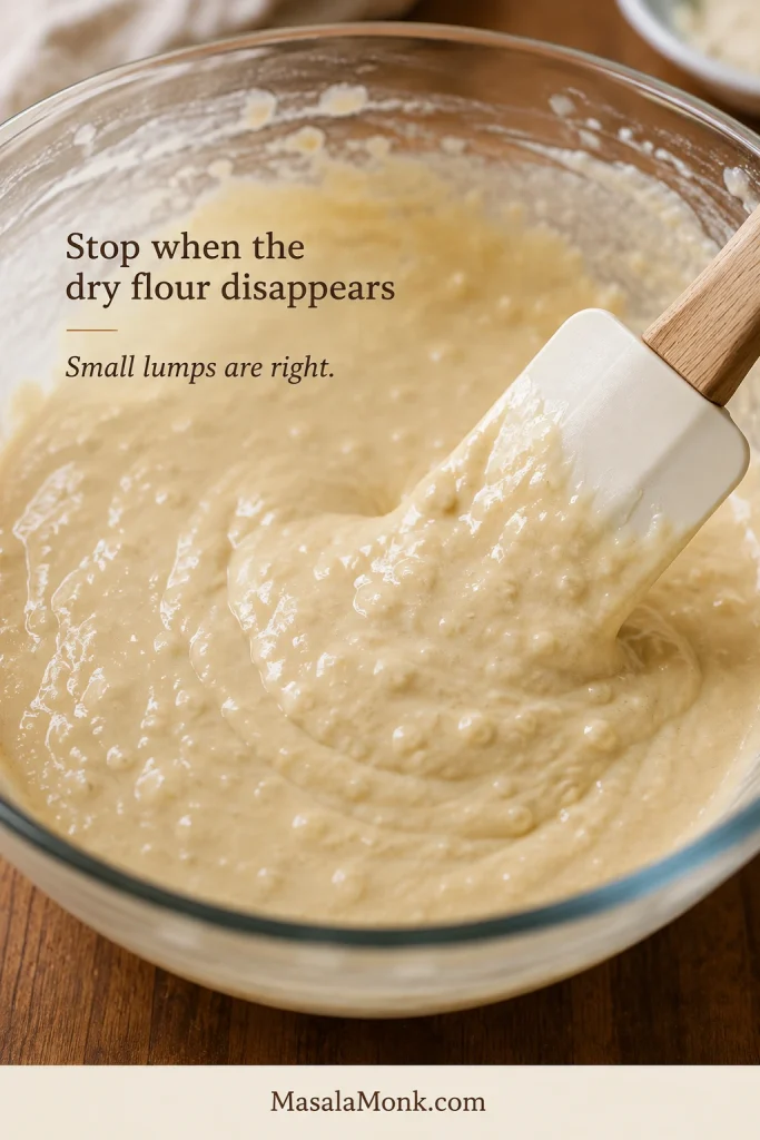 Thick pancake batter being gently folded with a spatula after the dry flour has disappeared, with several small lumps still visible.