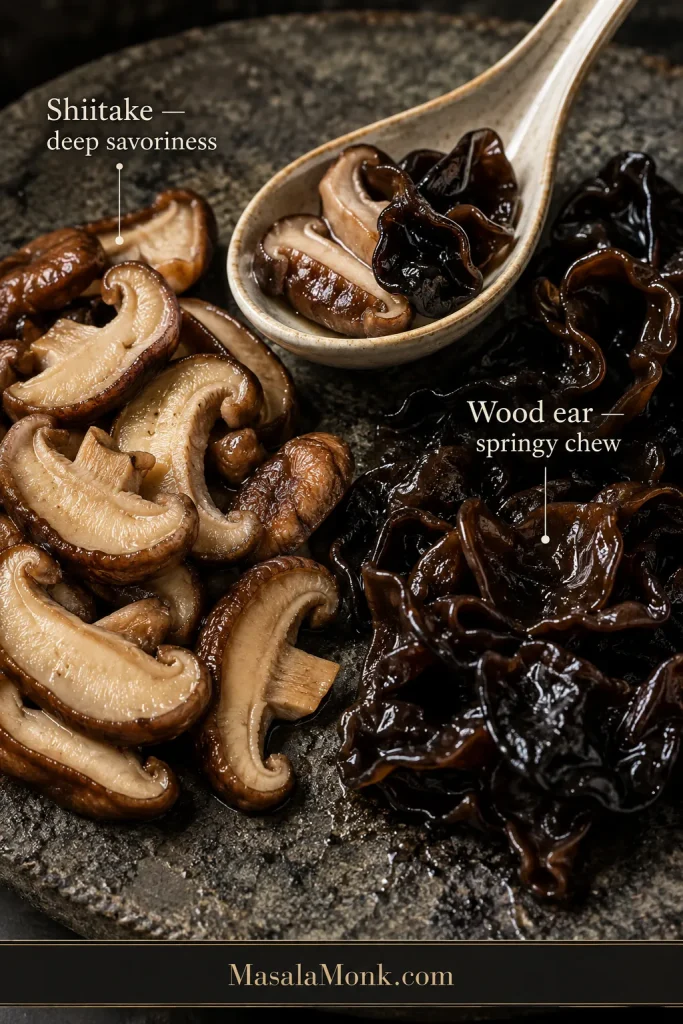 Macro comparison of hydrated sliced shiitake mushrooms and glossy wrinkled wood ear mushrooms, with a ceramic spoon holding both and labels for deep savoriness and springy chew.