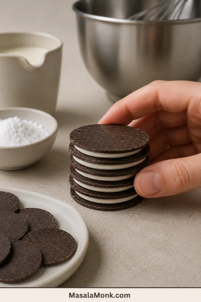 Hand holding a short stack of five or six dark chocolate wafers with thin whipped-cream layers between them.