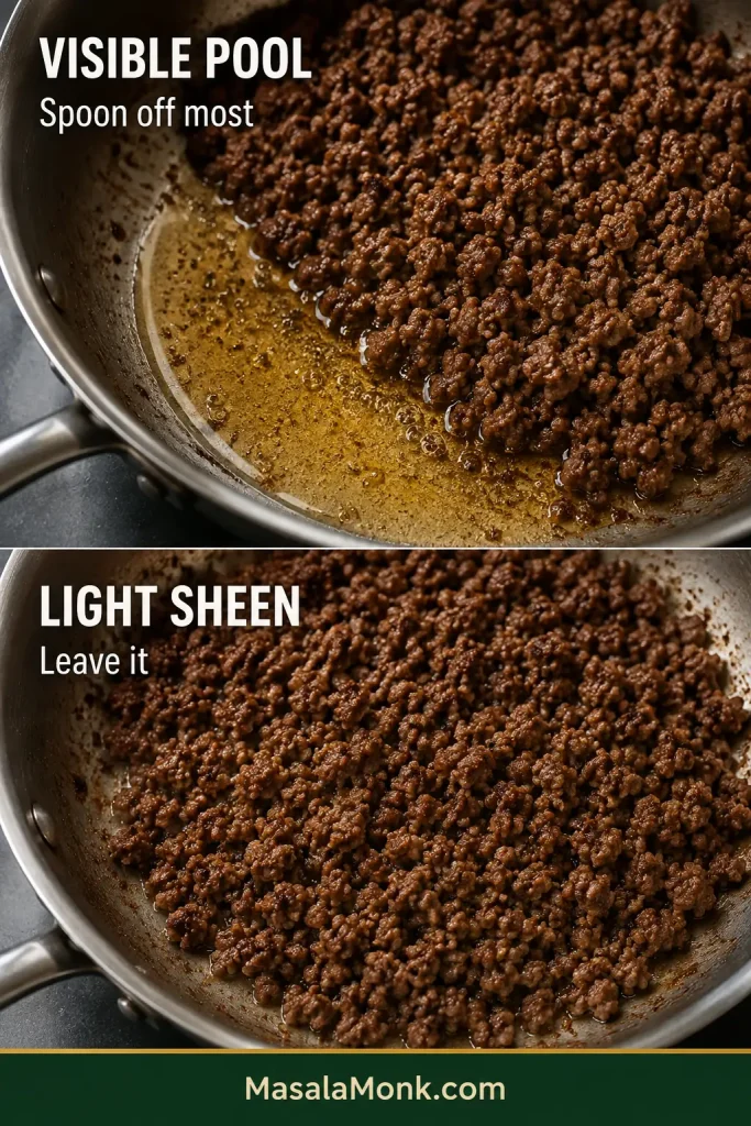 Side-by-side skillets of cooked ground beef: one has a visible pool of rendered fat labeled to spoon off most of it, while the other shows only a light sheen around the beef labeled to leave it.