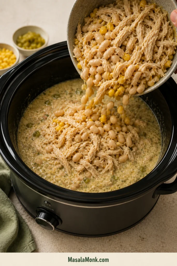 Cooked shredded chicken, whole white beans and corn being added back to the thickened slow-cooker base.
