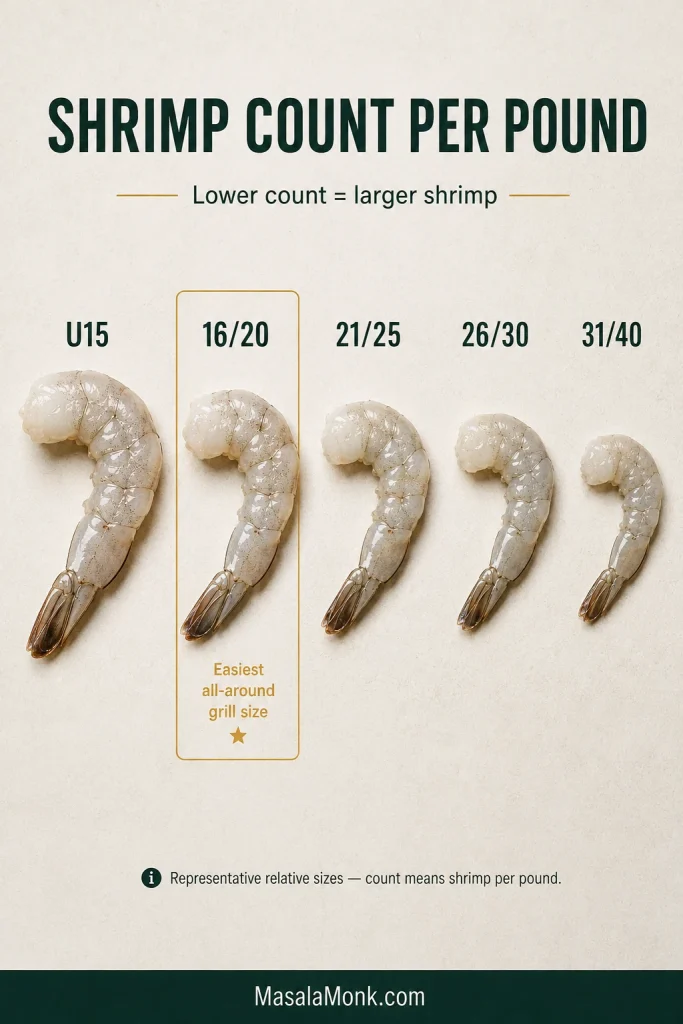 Raw shrimp shown in decreasing representative sizes labeled U15, 16/20, 21/25, 26/30 and 31/40, with 16/20 highlighted as an easy grilling size.