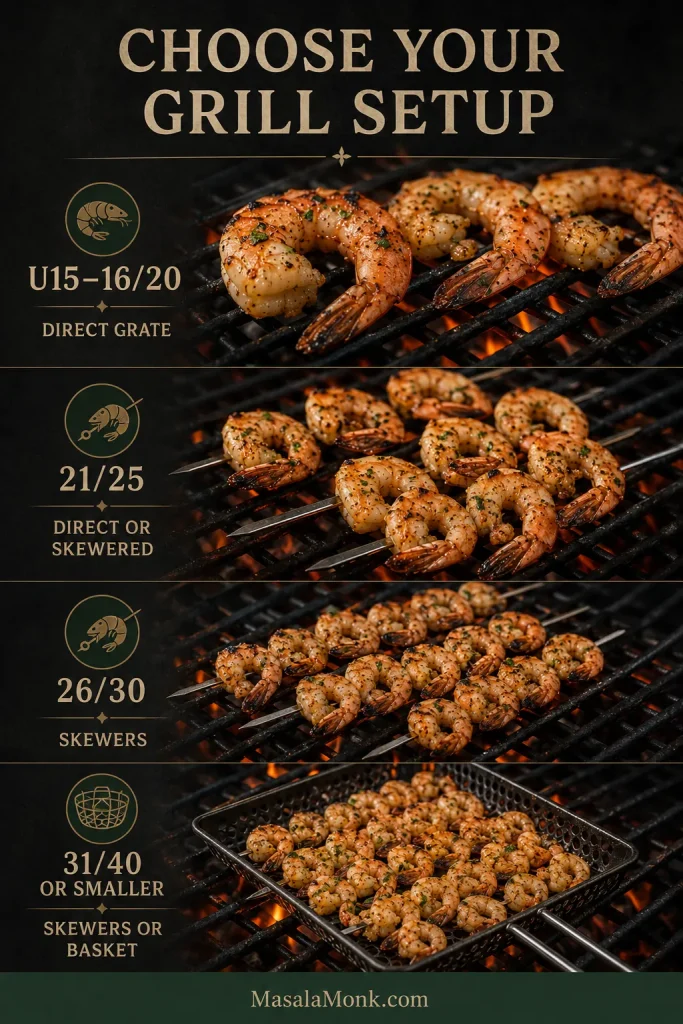 Grilled shrimp setup guide showing large shrimp directly on grill grates, shrimp on skewers and smaller shrimp cooking in a grill basket.