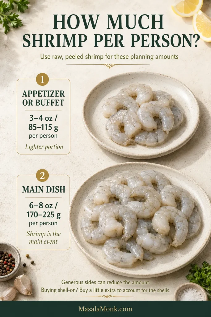Portion guide comparing raw peeled shrimp amounts of 3 to 4 ounces per person for appetizers or buffets and 6 to 8 ounces per person for a main dish.