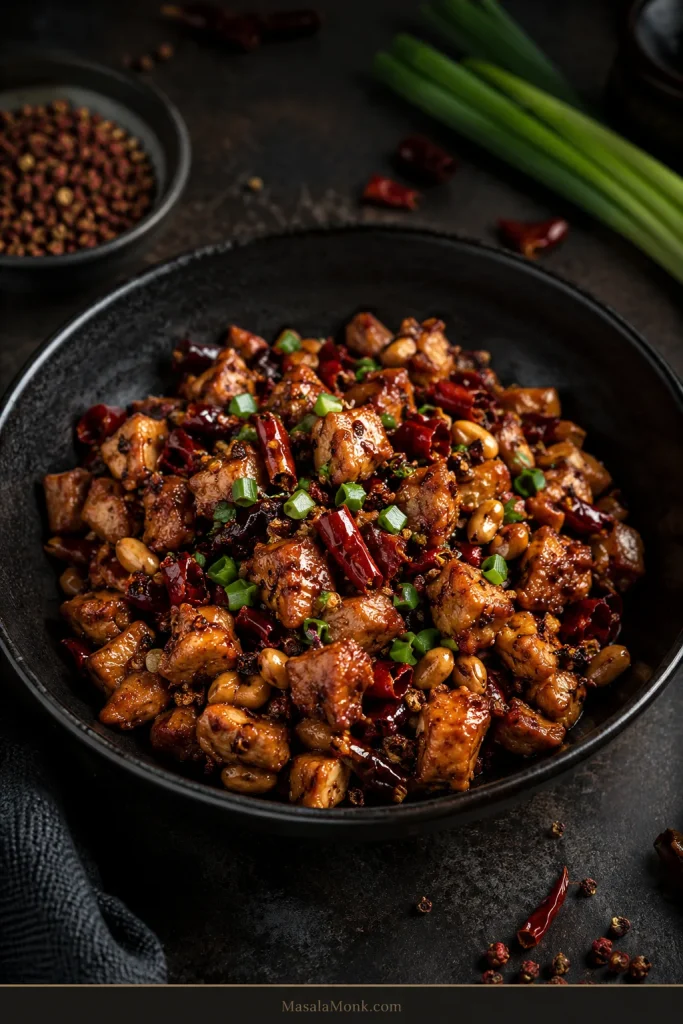 Finished Sichuan Kung Pao chicken with dried red chillies, peanuts and scallions under a dark glossy glaze.