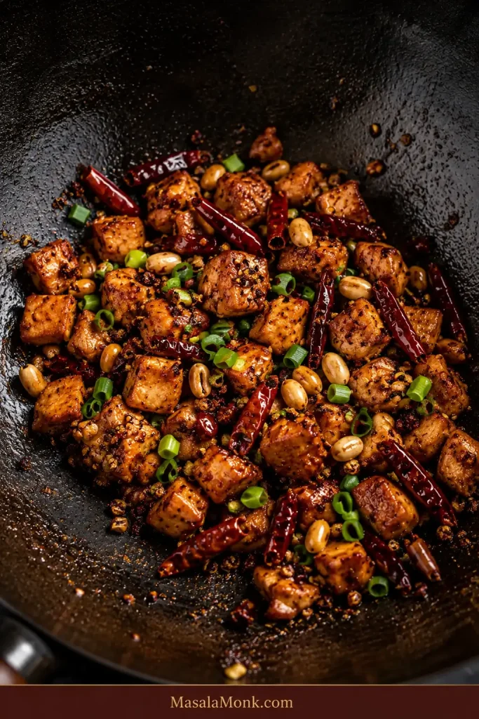 Finished Sichuan Kung Pao chicken in a wok with peanuts, dried chillies and scallions and almost no loose sauce.