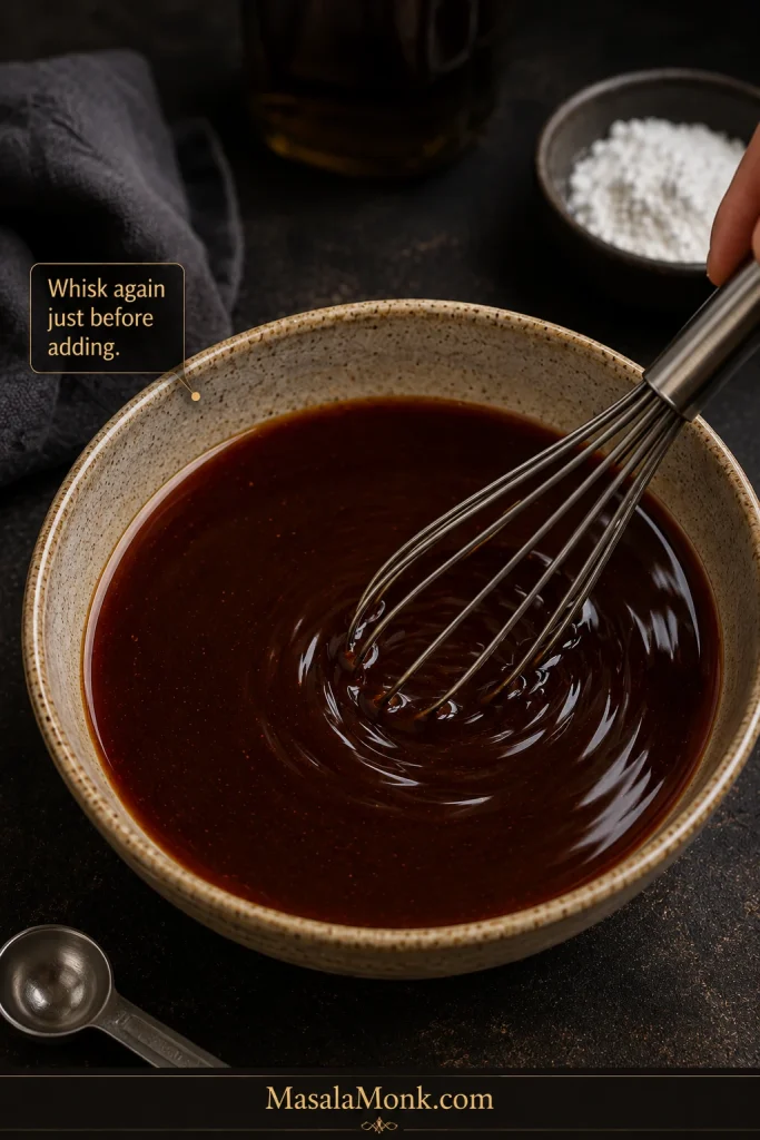 Thin dark Sichuan Kung Pao sauce being whisked in a bowl before cooking.