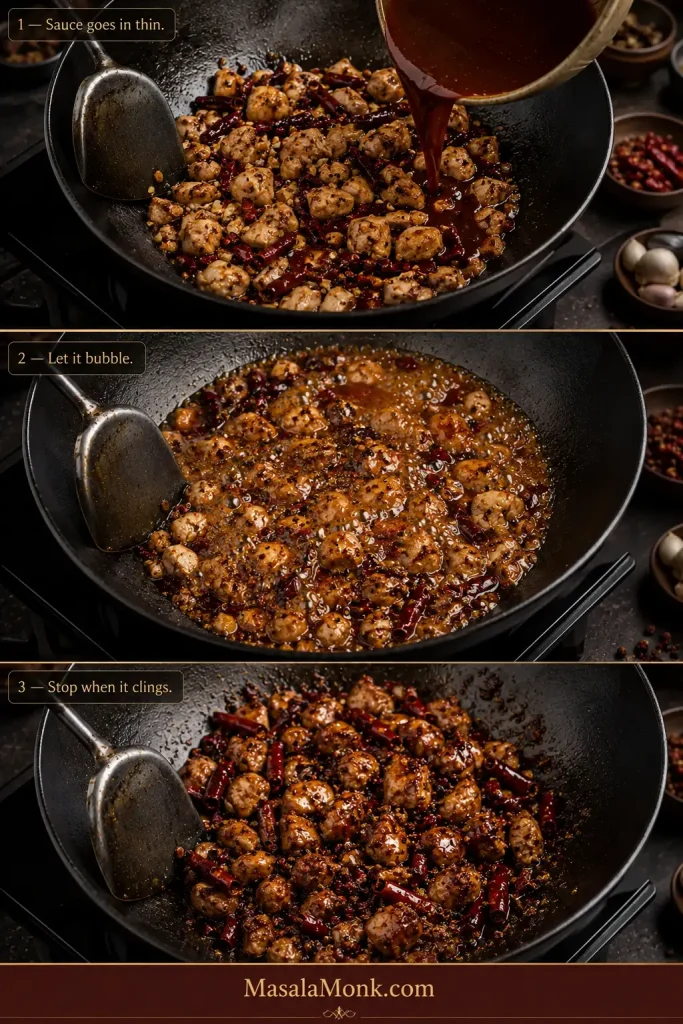 Three stages showing thin Sichuan Kung Pao sauce entering the wok, bubbling, then clinging tightly to chicken.