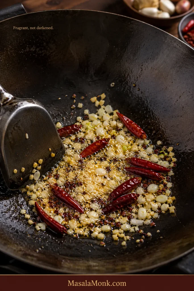Dried red chillies, Sichuan peppercorn, finely chopped ginger, garlic and scallion whites sizzling in a carbon-steel wok.