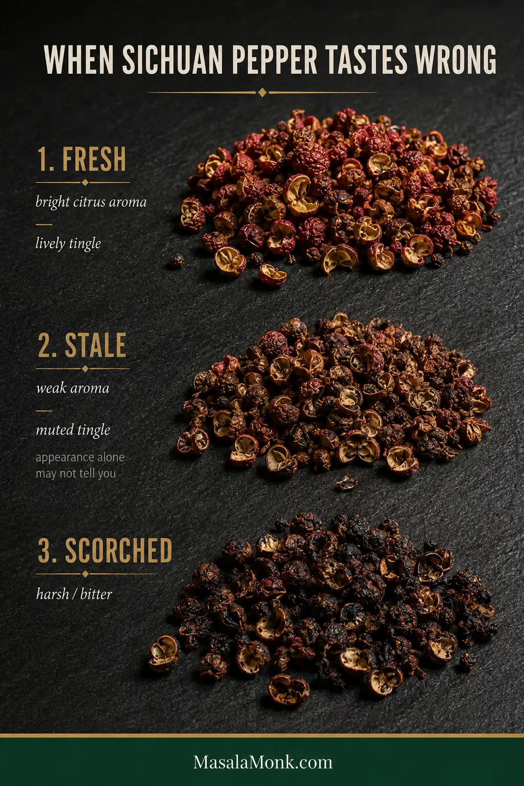 Sichuan peppercorns compared as fresh reddish husks, duller stale pepper and dark scorched pepper, with aroma and flavor cues for each condition.