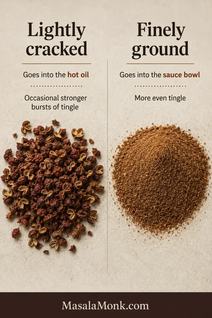 Lightly cracked reddish Sichuan peppercorn husks beside finely ground Sichuan peppercorn powder.