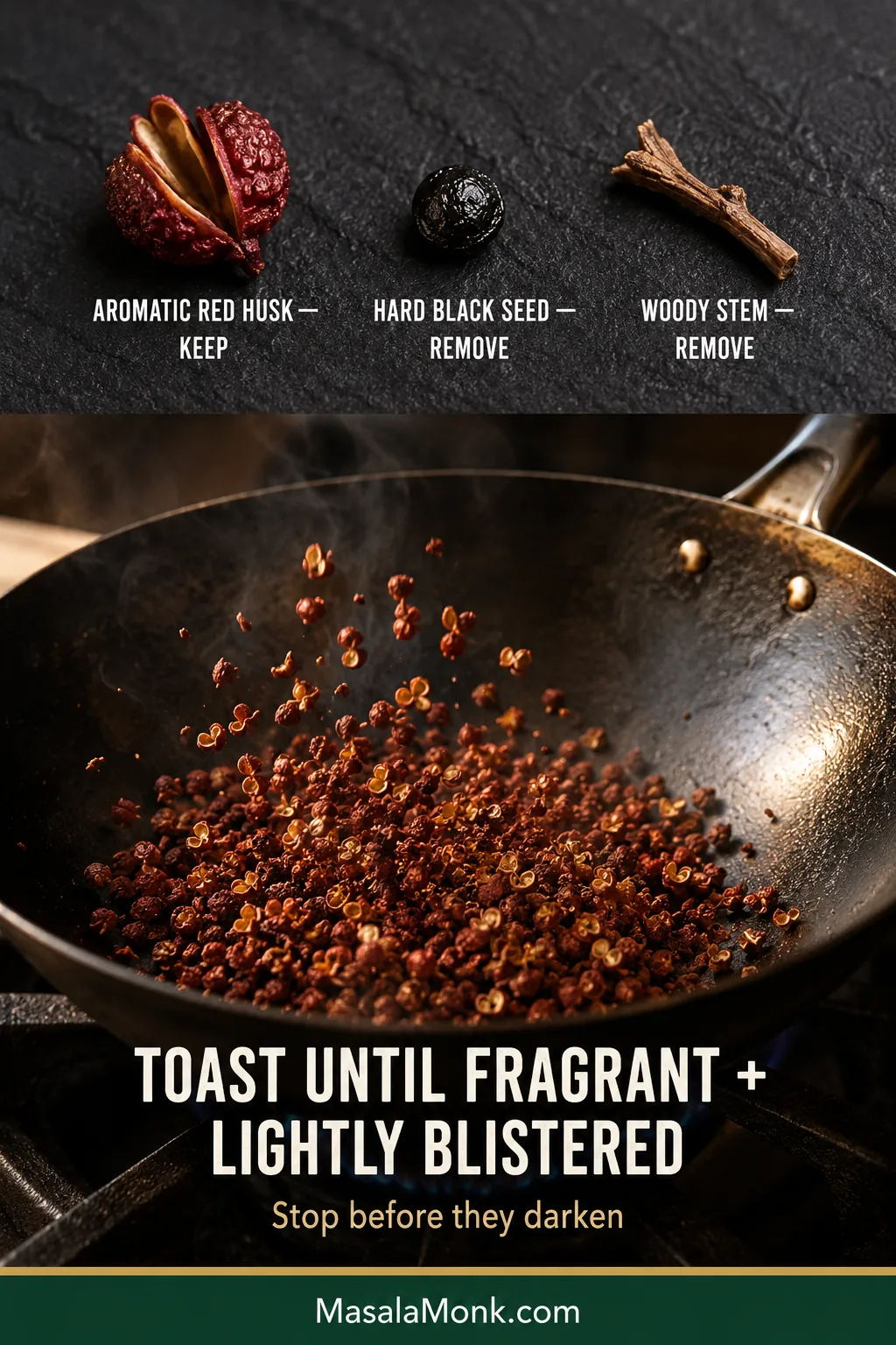 Sichuan pepper guide showing red aromatic husks to keep, hard black seeds and woody stems to remove, followed by husks gently toasting in a skillet.