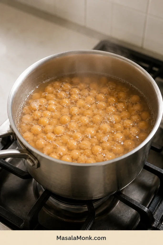 Chickpeas simmering in a stainless saucepan with small bubbles and loosened skins floating in the water.