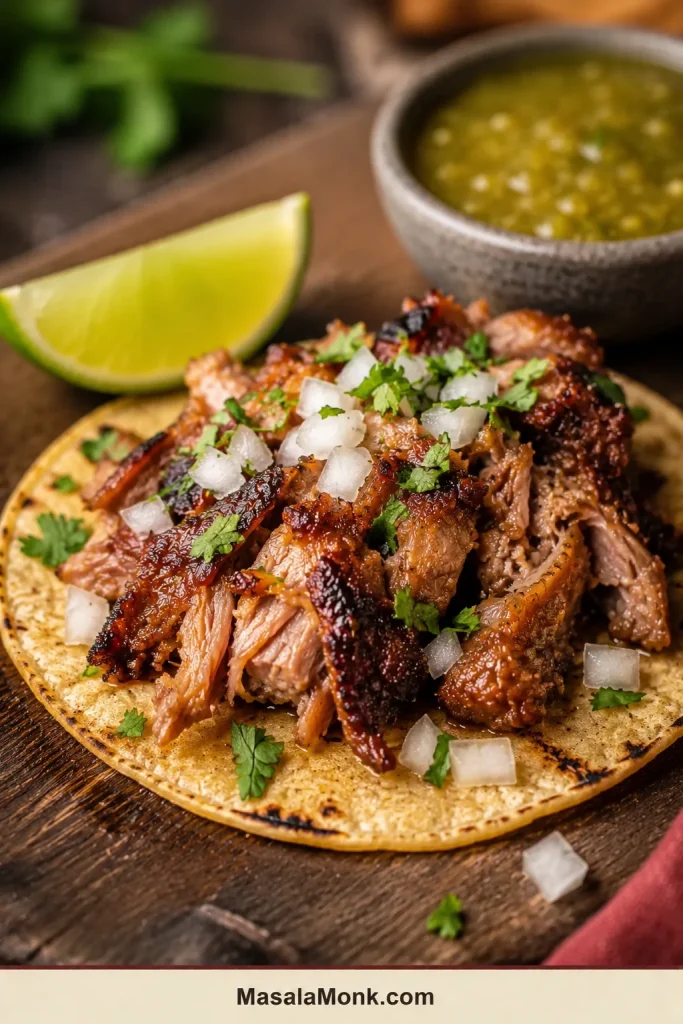 Corn tortilla filled with crisp pork carnitas, diced white onion and cilantro beside lime wedges and a bowl of salsa verde.