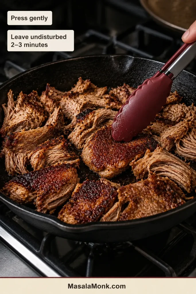 Broad pork pieces develop dark contact crusts in a cast-iron skillet while burgundy-tipped tongs turn one browned section.
