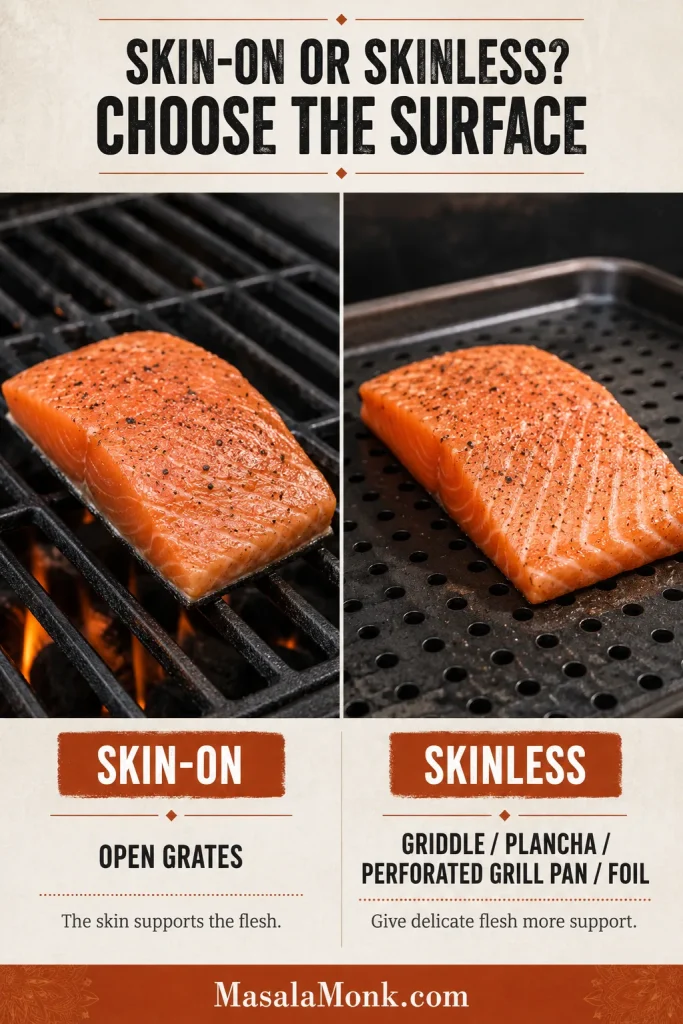 Skin-on salmon cooking directly on open grill grates beside skinless salmon cooking on a perforated supportive grill surface.