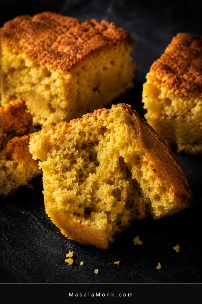 Broken pieces of slightly dried cornbread with a matte exterior and porous, still-tender interior crumb.